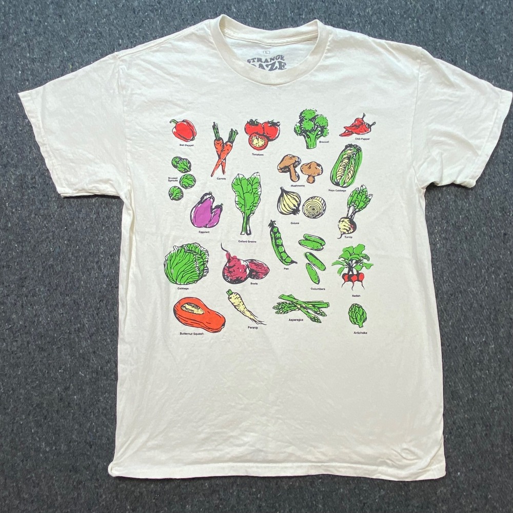 Strange Daze Vegetable Graphic Tee Shirt Large L Cream Botanical Garden Cotton